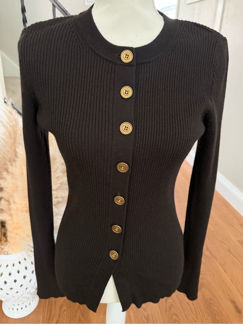Madewell Brown Ribbed Merino Wool Cardigan with Gold Buttons